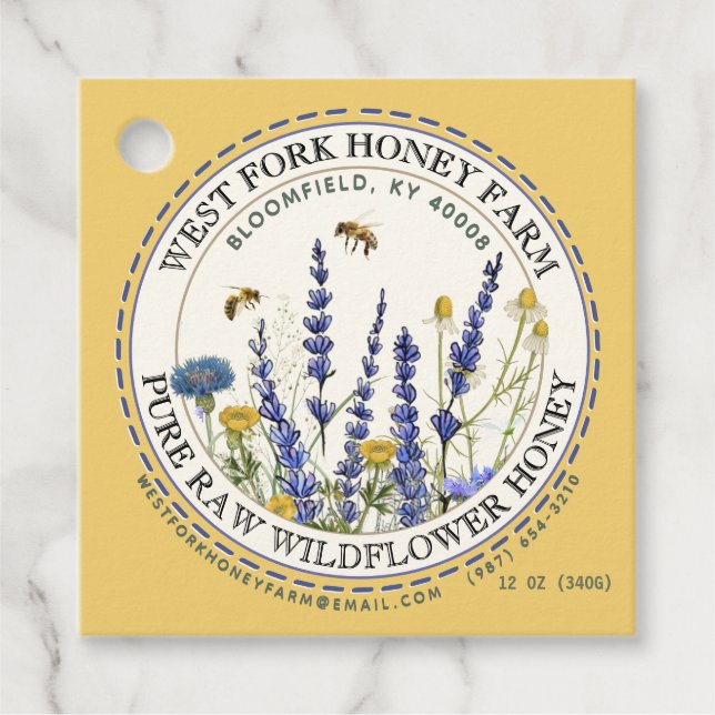 Fleur sauvage Miel Étiquette avec abeilles pointil (Devant)