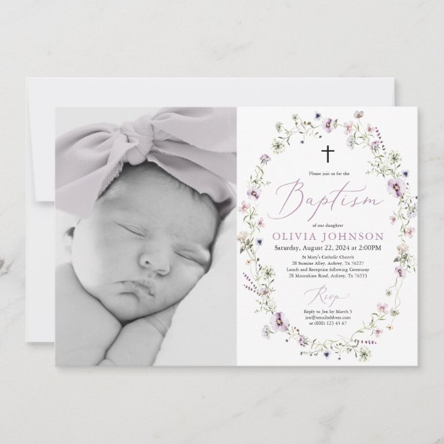 Fleur sauvage Purple Girl Photo Baptême Invitation (Devant)