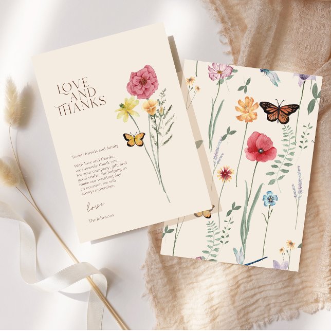Fleur sauvage rose Jaune Amour Et Merci Mariage (Pink Yellow Wildflower Love And Thanks Wedding Thank You Card)