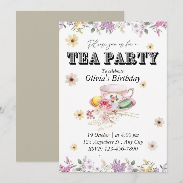 Fleur sauvage Tea Party Anniversaire Invitation (Devant / Derrière)