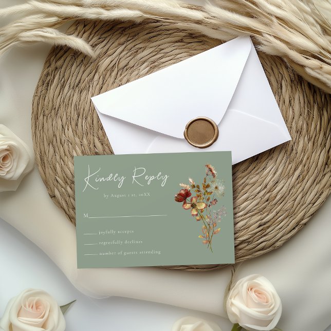 Fleur sauvage vert Sage Boho Wedding Carte RSVP (Créateur téléchargé)