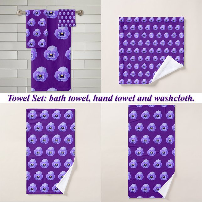 Fleur violet Pansy Motif sans couture sur (Purple Pansy flower seamless pattern on bath towel set: wash cloth, hand towel and bath towel)