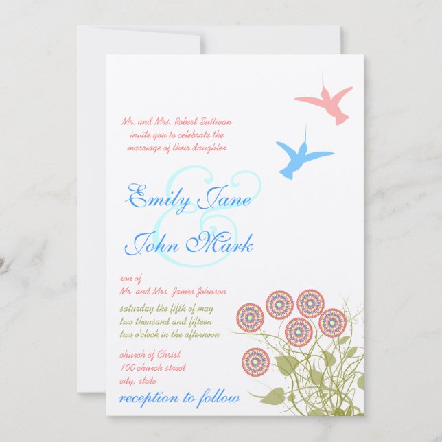 Fleur Whimsical et Faire-part de mariage d'oiseaux (Devant)