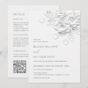 Fleurs 3D blanches Invitation de mariage tout-en-u