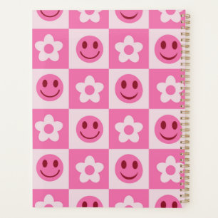 Fleurs à carreaux et visages heureux rose 