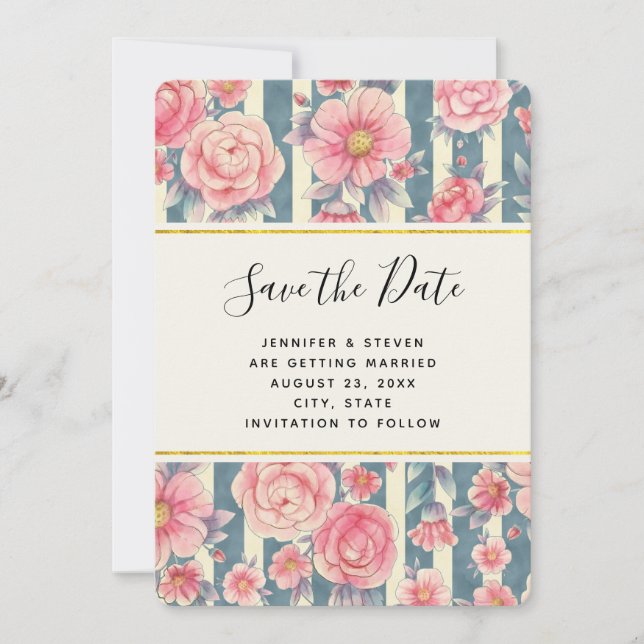 Fleurs à l'aquarelle rose sur rayures Carte de mis (Devant)