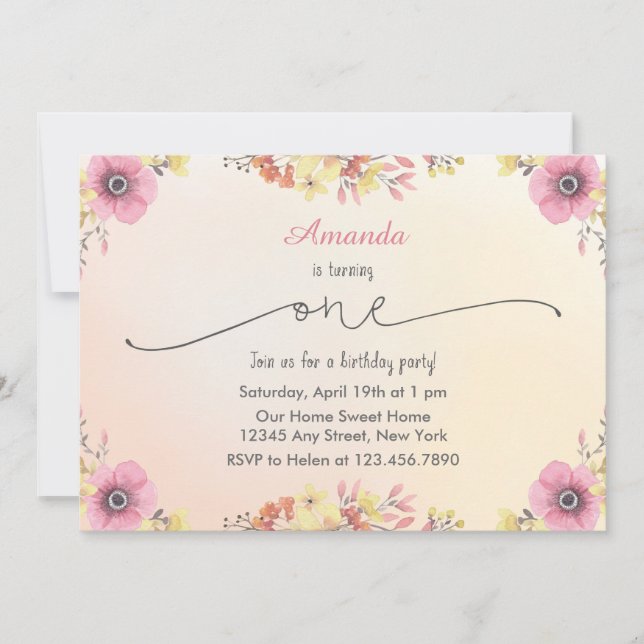 Fleurs Aquarelle Invitation d'anniversaire (Devant)
