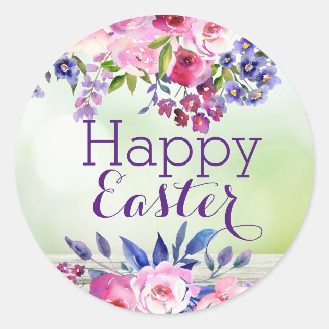 Fleurs Aquarelle Joyeuses Pâques Autocollants (Devant)