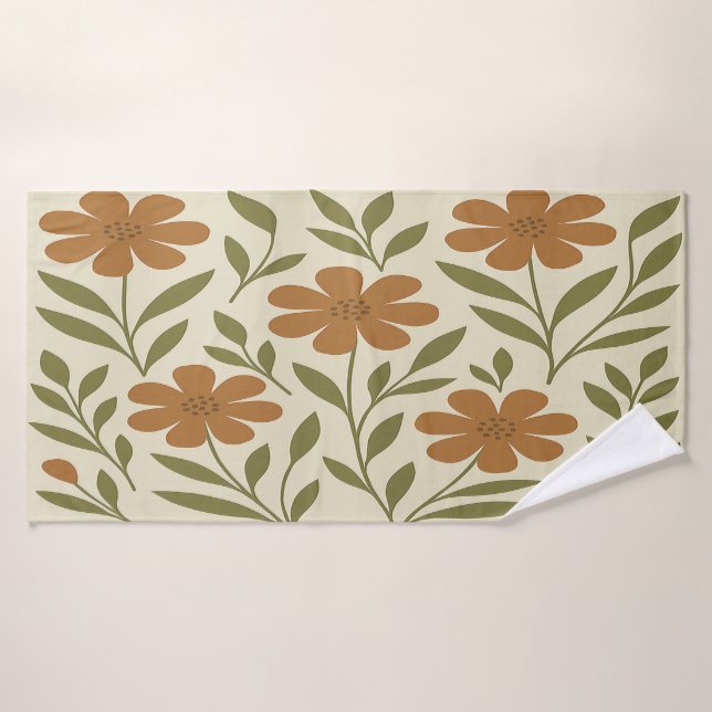 Fleurs beige et orange  (Serviette de bain)