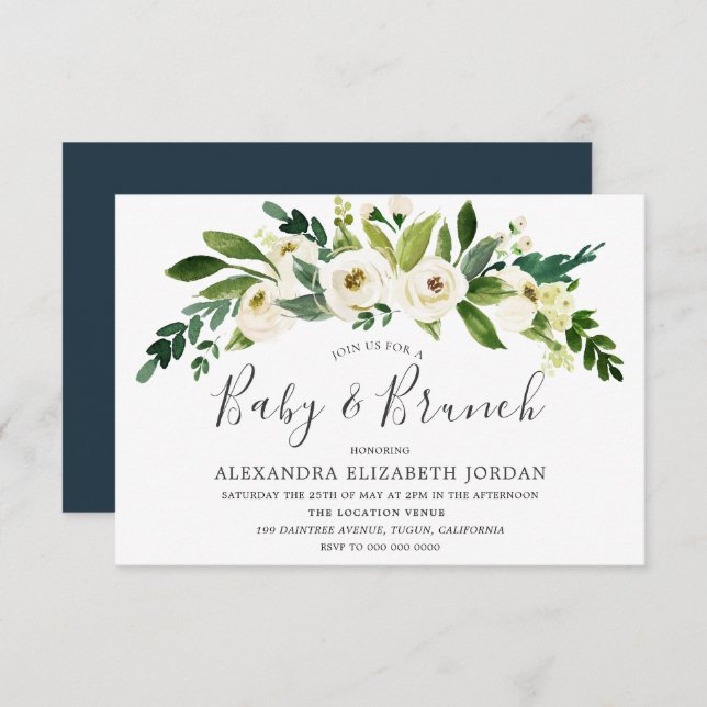 Fleurs blanches Blooming Baby & Brunch Invitation (Devant / Derrière)