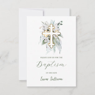 Fleurs blanches Bouquet vert Baptême Invitation
