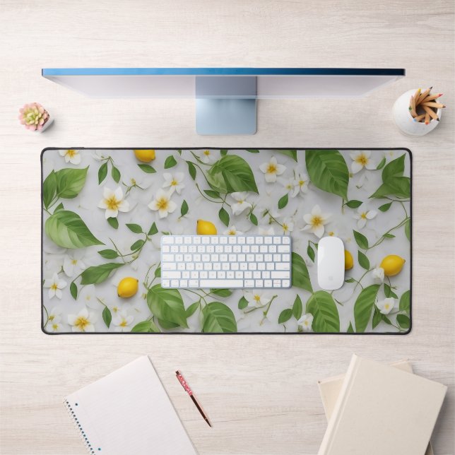 Fleurs blanches Citrons Vert Feuille Motif sur bla (Bureau 1)