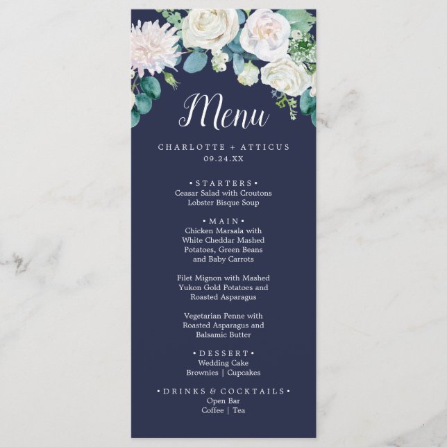 Fleurs blanches classiques | Menu du dîner Mariage (Devant)