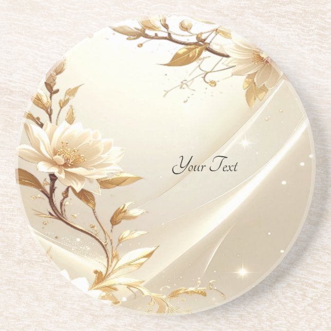 Fleurs blanches et dorées Dessous de verre en grès (Devant)