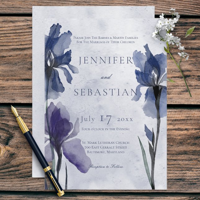 Fleurs bleu Iris Bleu Faire-part de mariage modern (Créateur téléchargé)