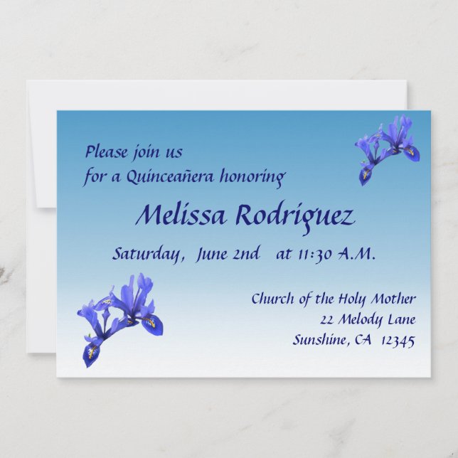 Fleurs bleu Iris Quinceañera Invitation (Devant)
