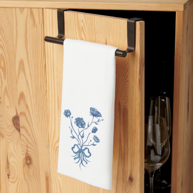 Fleurs Bleues Avec Serviette De Cuisine Bow (Pliage en tiers)