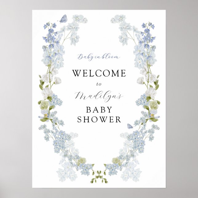 Fleurs bleues Baby shower verdure Affiche de bienv (Devant)
