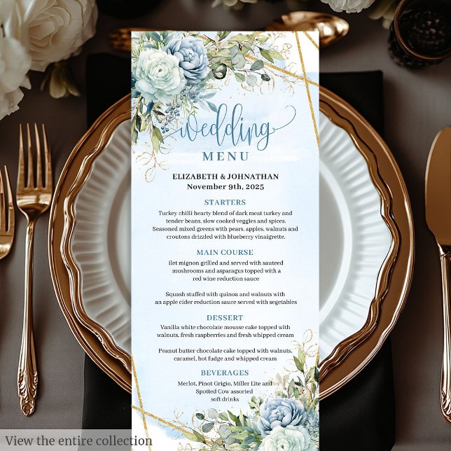 Fleurs bleues dorées modernes Menu Mariage or blan (Modern Dusty Blue Flowers White Gold Wedding Menu

)