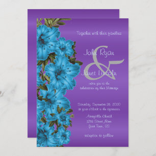 Fleurs bleues et invitations à un mariage de satin
