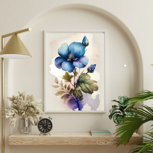 Fleurs Bleues Impression Aquarelle Art Mural Cloch
