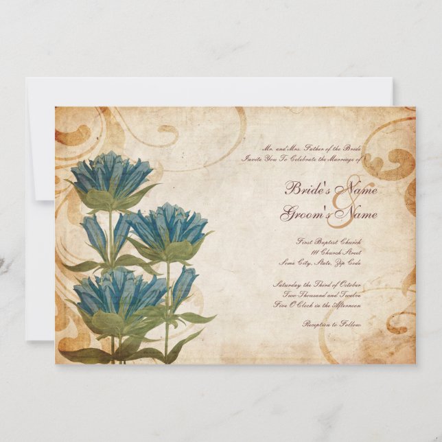 Fleurs bleues Invitations de mariage vintage (Devant)