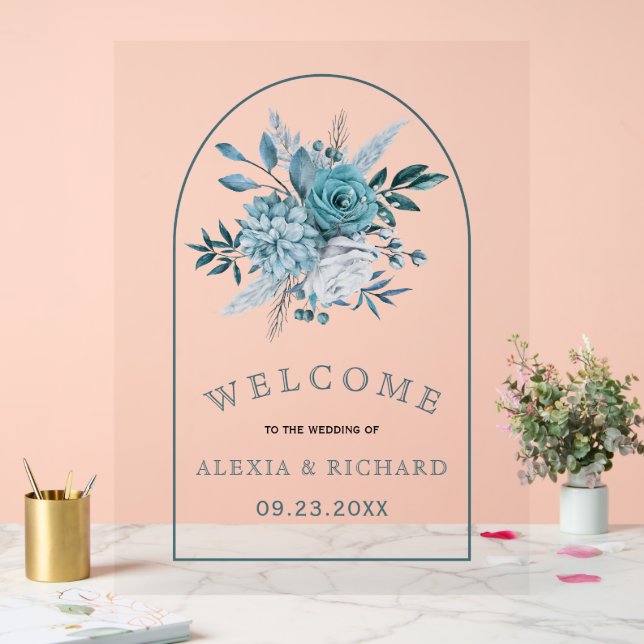 Fleurs bleues turquoises et arc fleuri accueil mar (Mariage)