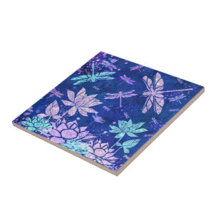 Fleurs bleues violettes libellules Carreaux en cér