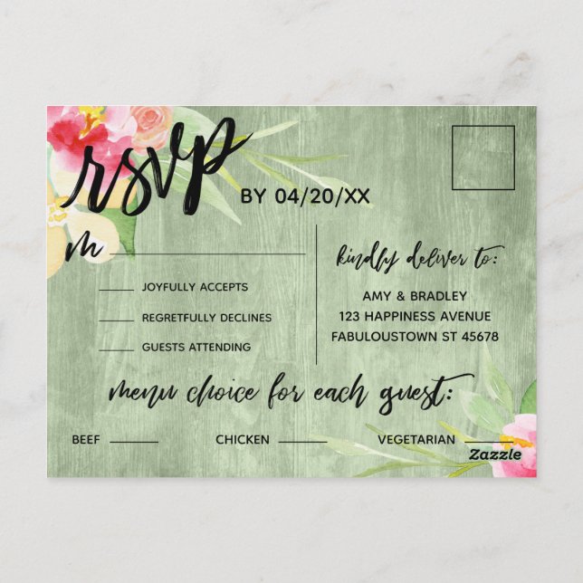 Fleurs Boho Rustique Vert Bois Menu Choix (Dos)