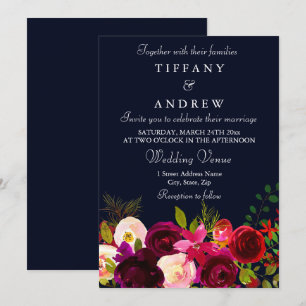 Fleurs Bourgogne Marine Élégant Mariage Invitation