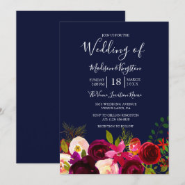 Fleurs Bourgognes marine Mariage bleu Invitation
