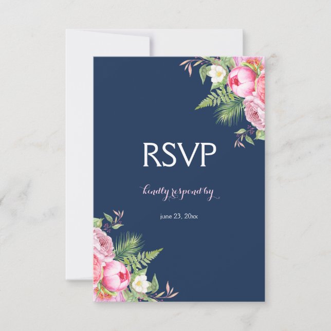 Fleurs d'aquarelle bleu marine rose RSVP (Devant)
