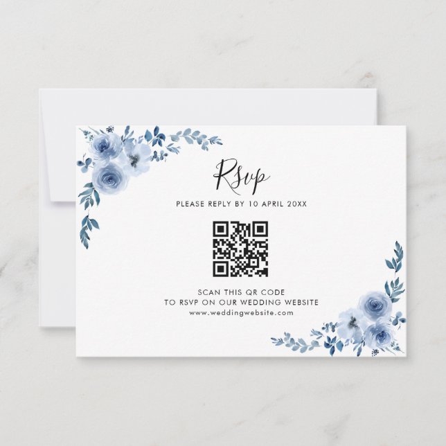 fleurs d'aquarelle bleue mariage code QR carte RSV (Devant)
