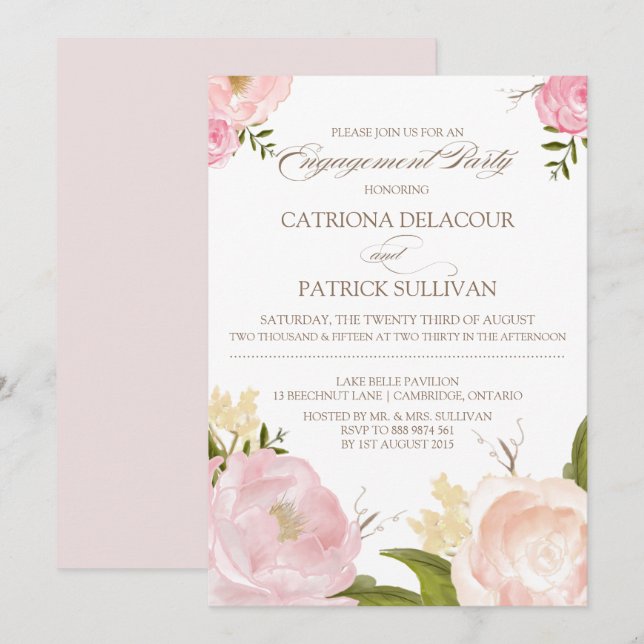 Fleurs d'aquarelle romantique Invitation Fiançaill (Devant / Derrière)