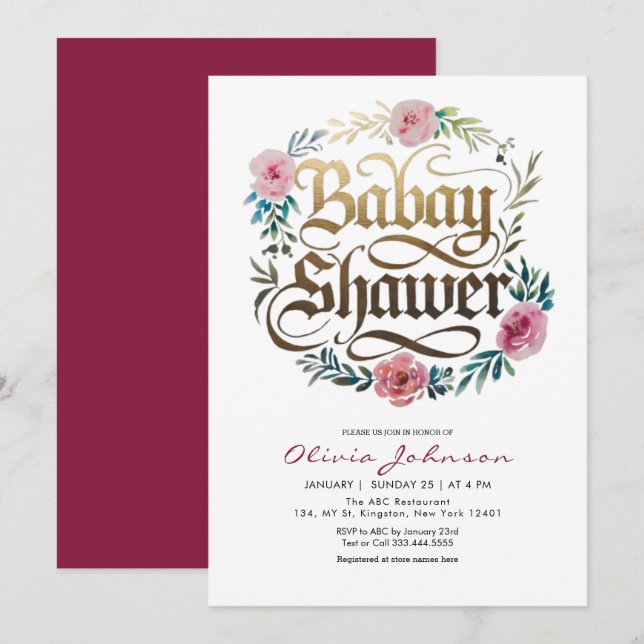 Fleurs d'aquarelle rose Baby shower Invitation (Devant / Derrière)