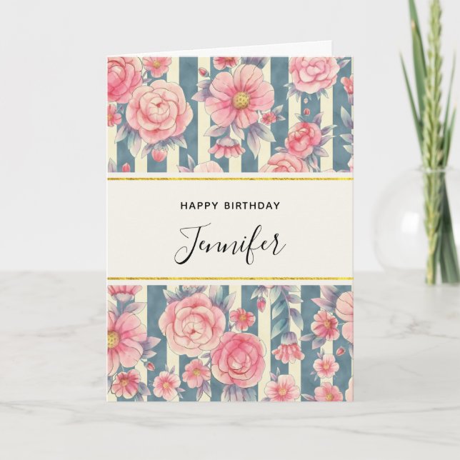 Fleurs d'aquarelle rose sur bandes Carte d'anniver (Devant)