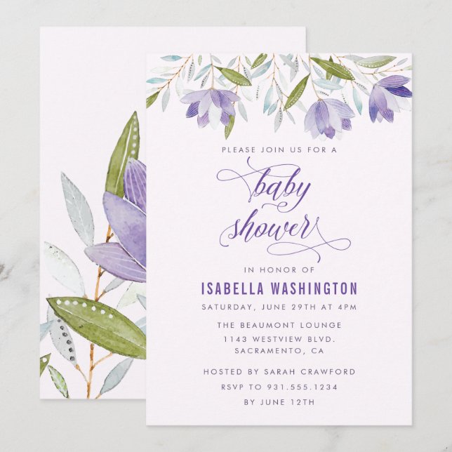 Fleurs d'aquarelle violette Invitation Baby shower (Devant / Derrière)