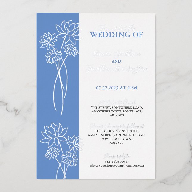 Fleurs d'argent Blue Photo Mariage Foil Invitation (Recto)