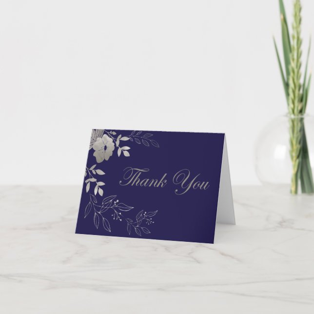 Fleurs d'argent Carte de remerciements bleu marine (Devant)