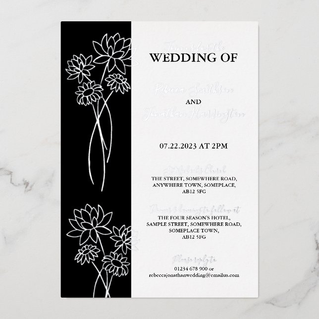 Fleurs d'argent Mariage photo noir Invitation Foil (Recto)