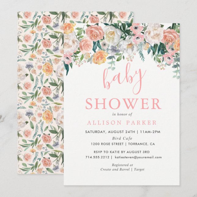 Fleurs de Blush romantiques Invitation Baby shower (Devant / Derrière)