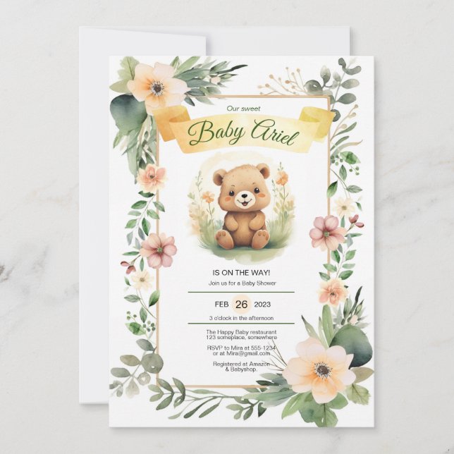 Fleurs de bois mignon ours invitation baby shower (Devant)