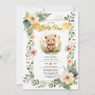 Fleurs de bois mignon ours invitation baby shower