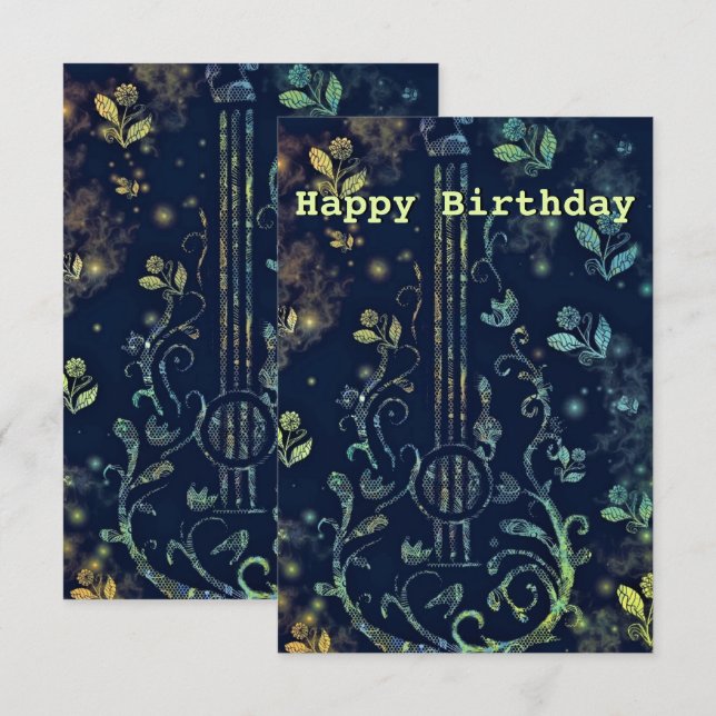 Fleurs de carte d'anniversaire Guitare (Devant / Derrière)