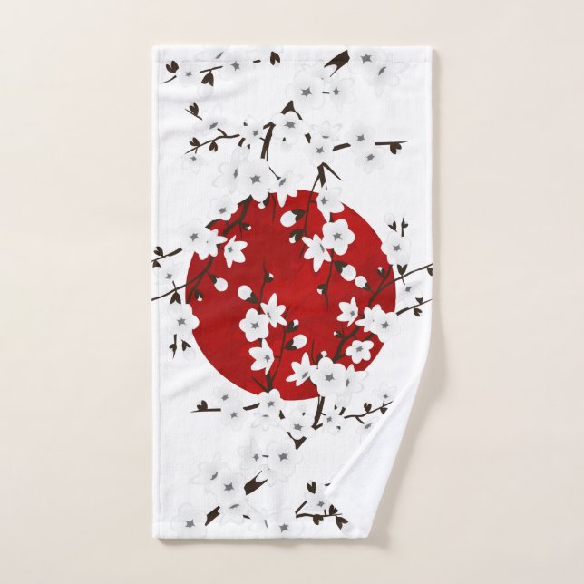 Fleurs de cerisier rouge noir blanc soleil levant (Serviette à main)