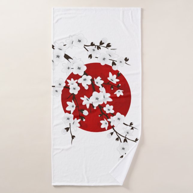 Fleurs de cerisier rouge noir blanc soleil levant (Serviette de bain)