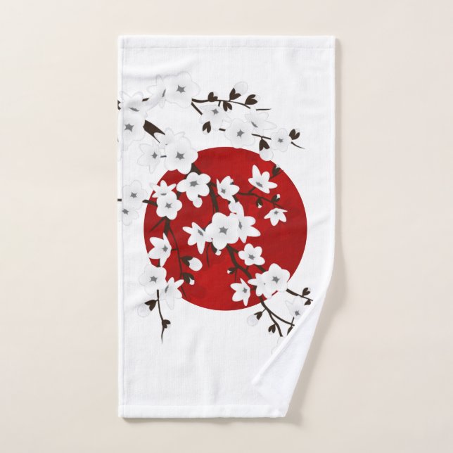 Fleurs de cerisier rouge noir blanc soleil levant (Serviette à main)