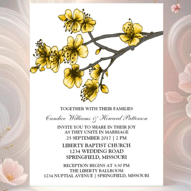 Fleurs de cerisier simples Jaune Invitation de mar (Yellow Simple Cherry Blossom Wedding Invite)
