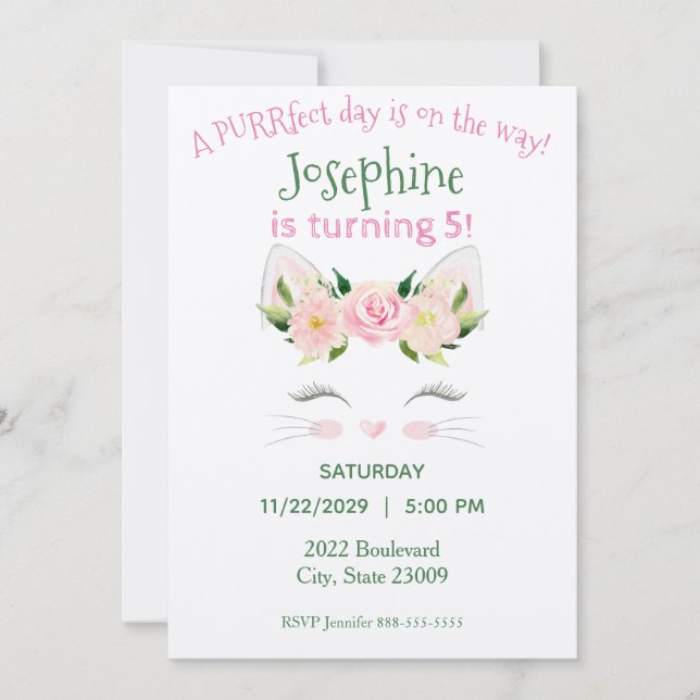 Fleurs de chats Kitten Invitation Anniversaire (Devant)