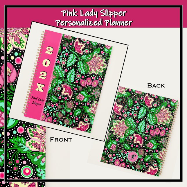 Fleurs de chlipper rose sur noir personnalisées (Bold pink and green modern folk art design featuring delicate pink lady slipper flowers. )